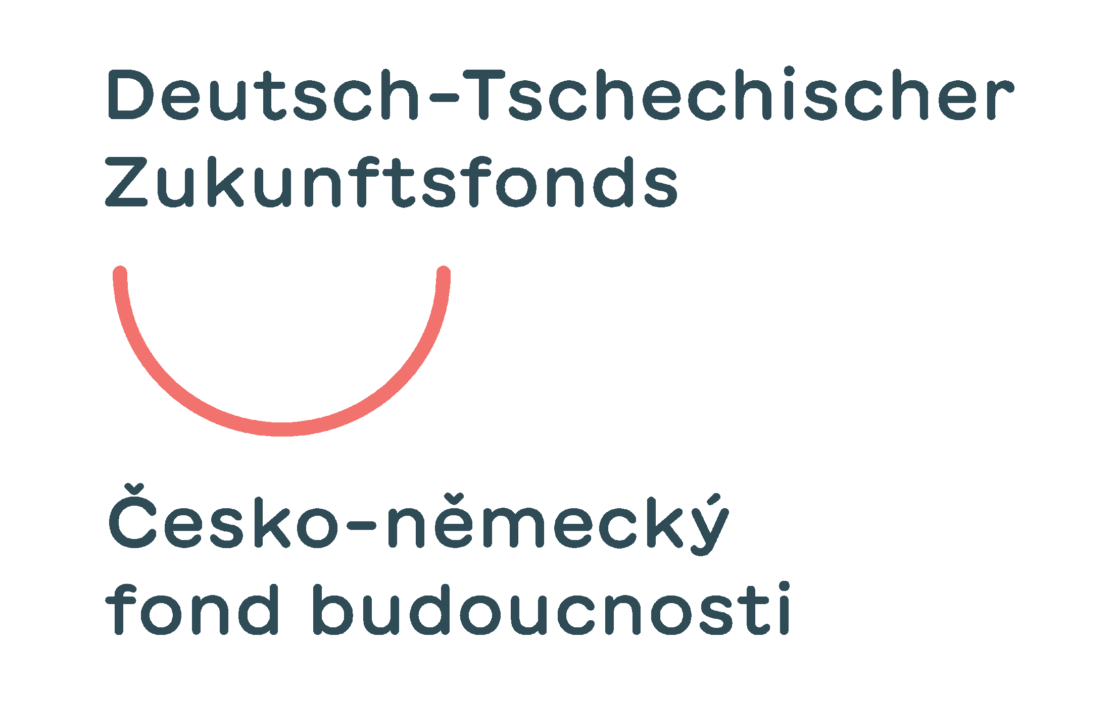 Ein Logo mit einer blassrosa Halbkreislinie, deren Scheitelpunkt nach unten zeigt. Darüber steht in schwarzer Schrift "Deutsch-Tschechischer Zukunftsfonds", und darunter in schwarzer Schrift "Česko-německý fond budoucnosti".